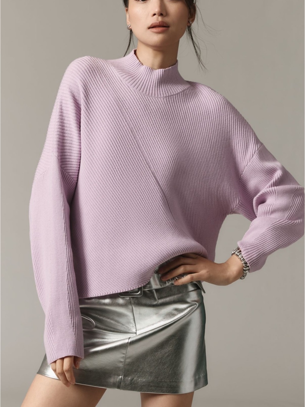 Maeve Lilac Meredith Ribbed Mock-Neck Sweater